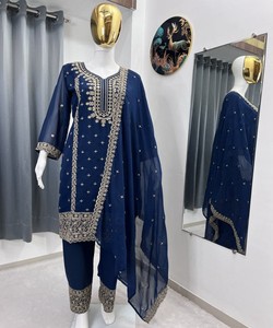 Boutique Collection Designer Kurti Sharara Dupatta <b>Set</b> Premium Fancy Ethnic Wear Boutique Fashion 81038 ASTHA- AC-7084 7094 Blue - Product Image 2