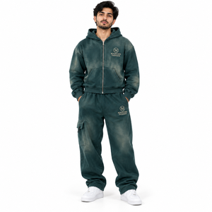 Ensemble de survêtement unisexe à capuche, couleur unie, 100 % coton, pantalon de survêtement long, sweat à capuche zippé, coupe décontractée, vêtement d'été respirant - Product Image 1