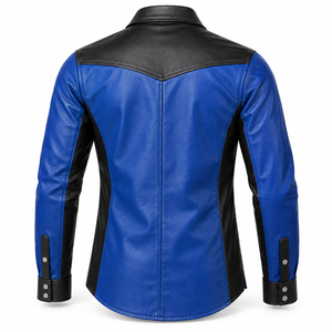 Chemise Western en Cuir Bleu et Noir Premium pour Homme, Manches Longues, Design à Couleurs Contrastées, Col Revers, Double Poche à Fermeture Éclair sur la Poitrine - Product Image 2