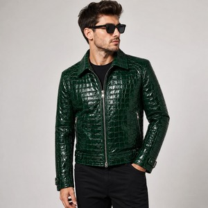 Veste moto en cuir PU vert pour homme, col rabattu, fermeture éclair, motif crocodile embossé, coupe ajustée, style automne - Product Image 1