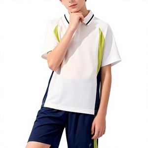 White Short Sleeve Polo Shirt Lime Green Navy Blue Accents Eco-Friendly Breathable Quick Dry Casual Boys Wear Polyester/Cotton - Product Image 1
