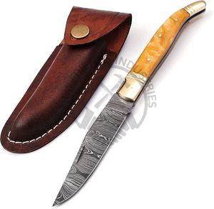 Nuevo cuchillo plegable Laguiole de acero de Damasco, cuchillo de caza para exteriores, el mejor cuchillo de bolsillo afilado con pomo/empena de resina beige y latón. - Product Image 5