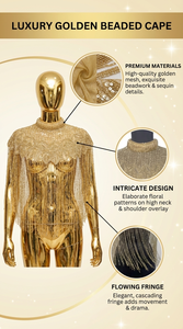 Capa de hombro nupcial de nailon con cuentas de cristal dorado Ellora, chal con flecos y borlas para boda, superposición para vestido de noche con cuello alto para mujer - Product Image 6