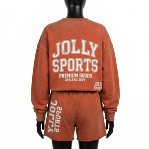 Heavyweight 320 GSM Cotton Blend Fleece Women Sweatshirt And Shorts Set Vintage <b>Rust</b> Print Logo Hoodie Shorts Set for Women - Product Image 4