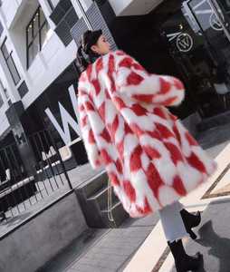 Manteau et parka longs et épais en fausse fourrure de renard à carreaux, style décontracté et moelleux, pour femme, rouge, vêtements d'extérieur d'hiver - Product Image 2