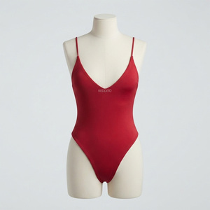 REDDITO Women's Bikini Crew Neck Solid Red Spandex/Polyester Stretch High Waist <b>Thong</b> Bottom Eco-Friendly Quick Dry Regular Fit - Product Image 1