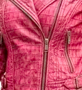 Women's <b>Pink</b> Croco Emboss Leather Moto <b>Jacket</b> With Zipper Closure And Embossed Texture Full Sleeve Autumn Style - Product Image 6