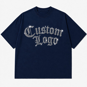 Camiseta Oversize Personalizada con Letras Góticas de Diamantes de Imitación para Hombre, Estilo Urbano, Manga Corta, Cuello Redondo, Gráfico, Azul Marino - Product Image 2