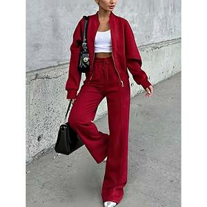 Women's Casual Winter 2 Piece Jogger Sets Oversized Sweatsuit Full <b>Zip</b> Long Sleeve Sweatshirt Wide Leg Sweatpants 100% Cotton - Product Image 2
