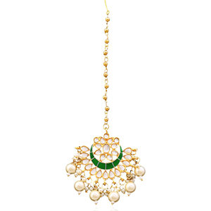 Tikka Kundan Estilo Bollywood Indio, Chapado en Oro, Esmalte Verde, Perla, Joyería Étnica Hecha a Mano para la Frente, para Mujeres, Bodas - Product Image 3