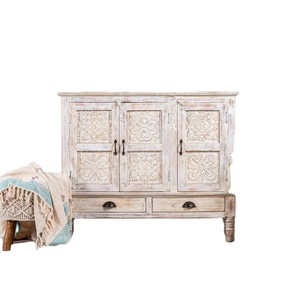 Vintage Indian wooden <b>sideboard</b> with carved decorations <b>Sideboard</b> in <b>White</b> Distressed Finish - Product Image 3
