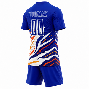 Conjunto de Uniforme de Fútbol Personalizado Azul, Naranja y Blanco, Camiseta y Pantalones Cortos Sublimados, Nombre y Número del Equipo Personalizados para Entrenamiento - Product Image 6