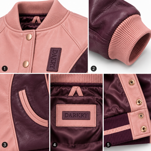 Ladies Genuine Lambskin <b>Leather</b> <b>Jacket</b> Pink Burgundy Colorblock <b>Women</b> Baseball Snap Button Varsity <b>Bomber</b> Outerwear Coat - Product Image 6
