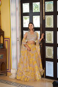 Georgette Classic Ball Gown Floor-Length Navratri Lehenga Choli Embroidered Floral Foil Print Gotta Patti Lace Slim Fit Natural - Product Image 6
