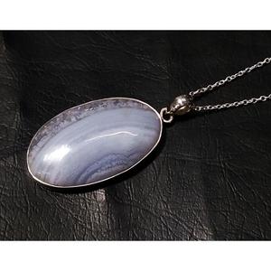 Pendentif ovale en agate bleue naturelle, serti en argent sterling 925, fait main, breloque en agate rayée, bijoux en gros - Product Image 4