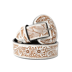 Ceinture Western Tendance en Cuir Grainé Blanc Ornée de Motifs Floraux Gravés à la Main pour Hommes et Femmes – Qualité Supérieure, Motif Floral Marron Gravé, Style Cowboy - Product Image 1