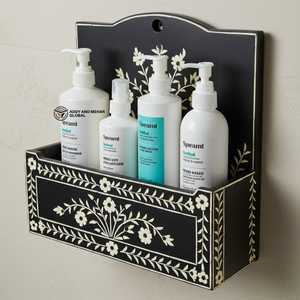 ชั้นวางของในห้องน้ำแบบติดผนังลายกระดูกสีดำทันสมัย – ชั้นวางของในห้องน้ำลายกระดูกสีดำสำหรับตกแต่งและจัดเก็บของในห้องน้ำ - Product Image 1