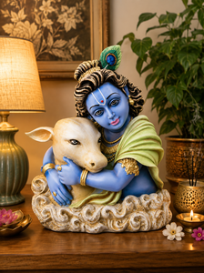 Figura de Krishna con Vaca Hecha a Mano en Resina, Escultura de Arte Religioso Tradicional, Decoración de Mesa para Hogar u Oficina - Product Image 1