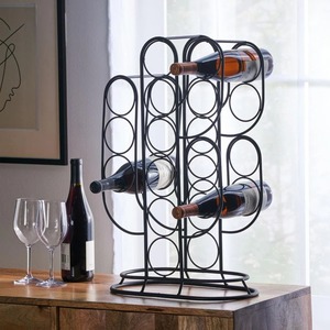Porte-bouteilles de vin autoportant en métal noir moderne, design géométrique abstrait, support à bouteilles de vin en fil métallique industriel - Product Image 6