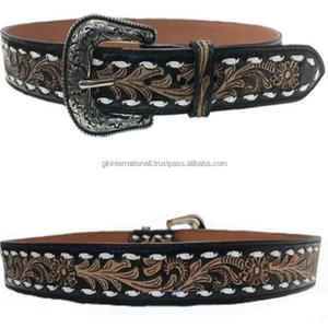 Artisanat de haute qualité motif en relief motif personnalisé noir marron pleine fleur véritable ceinture d'outillage en cuir occidental - Product Image 2
