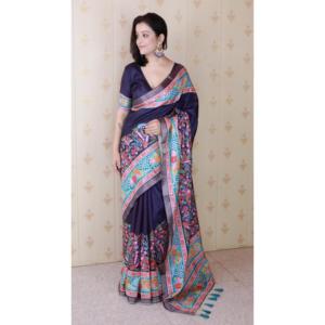 Sari de Seda Tussar Azul Marino con Borde Tejido con Zari y Estampado Floral, Vestido de Noche Elegante, Tejidos de Élite, 500g - Product Image 1