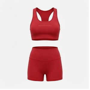 North Approach 2 Piece Yoga Set Racerback <b>Crop</b> <b>Top</b> High Waist Shorts Solid <b>Red</b> Sweat Wicking Breathable Sportswear - Product Image 1