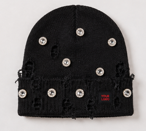 Gorro de Punto Personalizado con Pedrería, Estilo Desgastado, con Puño, para Invierno, Diseño Jacquard, Estilo Urbano, Color Sólido, para Mujer - Product Image 1