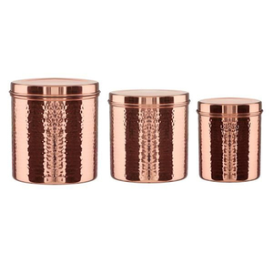 Juego de 3 recipientes de metal dorado martillado a mano de primera calidad, tarros decorativos tradicionales para arroz, harina y granos, en oferta. - Product Image 6