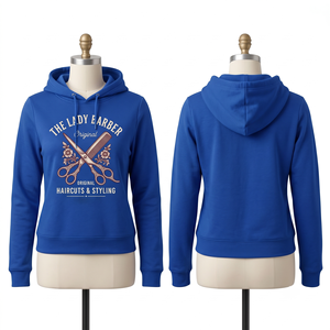 Sweat à capuche unisexe pour barbier, 320 GSM, coton polyester molletonné, bleu royal, impression DTF personnalisée, impression sérigraphique, vêtements de salon haut de gamme - Product Image 1