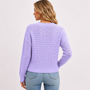 Suéter de Punto Morado para Mujer, Cuello Redondo, Manga Larga, Color Sólido, Informal, Otoñal, Nailon/Acrílico, Antipilling, Corte Regular - Product Image 5