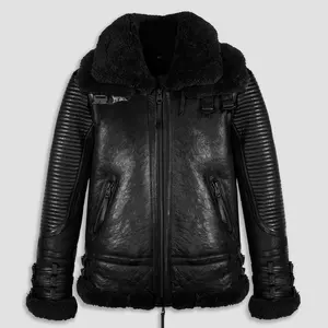 B-3 Bomber jacke aus Leder mit schwarzem Schaffell-Kunst pelz jacke