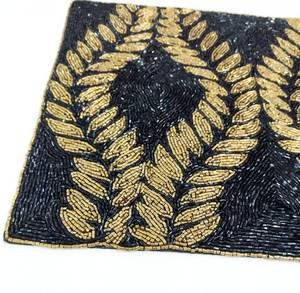 Handmade <b>Beaded</b> Fabric <b>Placemat</b> Rectangle Black Gold Leaf Design Glam Table Mat Decorative Pad - Product Image 1