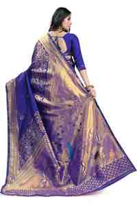 Sari en soie bleu royal avec motif paon en zari doré, sari pour mariage et occasions festives, vêtement traditionnel indien pour femmes. - Product Image 2