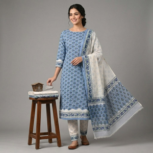 Conjunto de Pijama Kurti Sarong de Algodón con Estampado Floral Blanco y Azul |   Ropa de Playa para Mujer de Alta Calidad con Estampado Artesanal |   Ropa Casual Étnica para Estar en Casa - Product Image 3