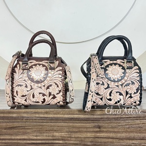 Luxury Hand Tooled Genuine Carved <b>Leather</b> <b>Small</b> Duffel <b>Bags</b> New Boutique Style Floral Design Crossbody HandBag for Men & Women - Product Image 1