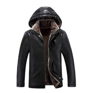 Men PU Leather Hooded Jacket Faux Fur Lined Zipper Closure Winter Outerwear Moto Biker Style Thick Warm <b>Coat</b> - Product Image 1
