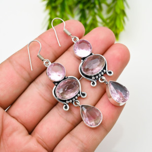 Pendientes de Plata 925 con Dijes de Lujo Color Rosa, Estilo Indio - Product Image 4