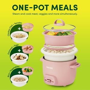 Digital Rice Cooker and Food Steamer 2 <b>Cup</b> Uncooked Bonded Granite Nonstick Ceramic Pop up <b>Steam</b> Tray Pink - Product Image 3