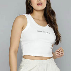 Women's White Knitted Scoop Neck Tank <b>Top</b> Solid Color Casual Crop <b>Top</b> Breathable Front Logo Design - Product Image 2