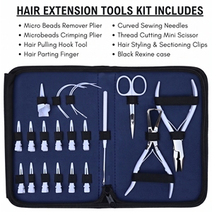 Kit d'outils professionnels pour l'application d'extensions de cheveux avec pinces à micro-anneaux, outil de retrait de perles, outil à crochet, pinces de sectionnement et aiguille - Product Image 2