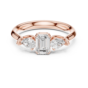 <b>Emerald</b> Cut Moissanite Diamond Engagement <b>Ring</b> With Pear Side Stones – Rose Gold Over Sterling <b>Silver</b> Three Stone <b>Ring</b> - Product Image 1