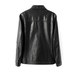 Veste en cuir véritable pour homme, col rabattu, fermeture éclair, style workwear, couleur unie, coupe classique, vêtement d'automne - Product Image 4