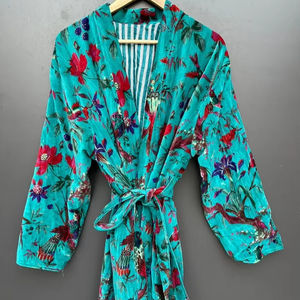 Bata Kimono de Algodón 100% Suave y Transpirable con Estampado de Bloques de Dibujos Animados Naaz para Mujer, Camisón de Verano Hecho a Mano con Cuello en V y Elástico, ODM - Product Image 1