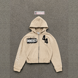Men's Beige <b>Zip</b>-Up <b>Hoodie</b> Oversized Fit Cotton French Terry Casual Hooded Sweatshirt with Front Print and <b>Pocket</b> CREAM URBAN FAS - Product Image 5