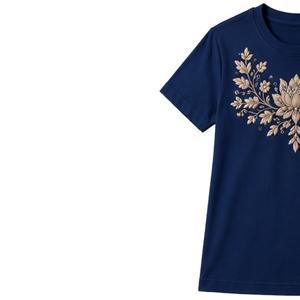 เสื้อยืดคอกลมผ้าฝ้ายปักลายดอกบัวสีเบจสำหรับผู้หญิง สีน้ำเงินรอยัล แขนสั้น สไตล์ลำลอง รับผลิตตามสั่ง (OEM) คุณภาพพรีเมียม แฟชั่นฤดูร้อน - Product Image 3