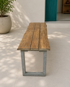 Banc de patio en teck massif à bords naturels, 2 places, avec pieds en métal, design traditionnel, durable, pour l'extérieur, hôtel, cour - Product Image 3