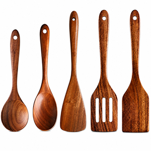 Juego de utensilios de cocina de madera vintage al por mayor, cucharas de madera naturales de mango largo, cucharón, espátula y volteador antiadherentes - Product Image 3