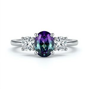 Bague en or massif 18 carats avec alexandrite de laboratoire et diamant de laboratoire, trois pierres ovales, bijoux fins pour femmes - Product Image 1