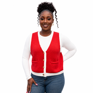 Chaleco de Punto Rojo para Mujer con Bolsillos, Botones en la Parte Delantera, Cuello en V, Suéter Informal de Manga Larga - Product Image 1
