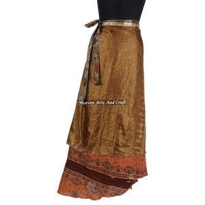 Jupes longues en soie de sari de créateur de 38 pouces de long, 2 couches, réversibles, en soie magique, style sarong - Product Image 2